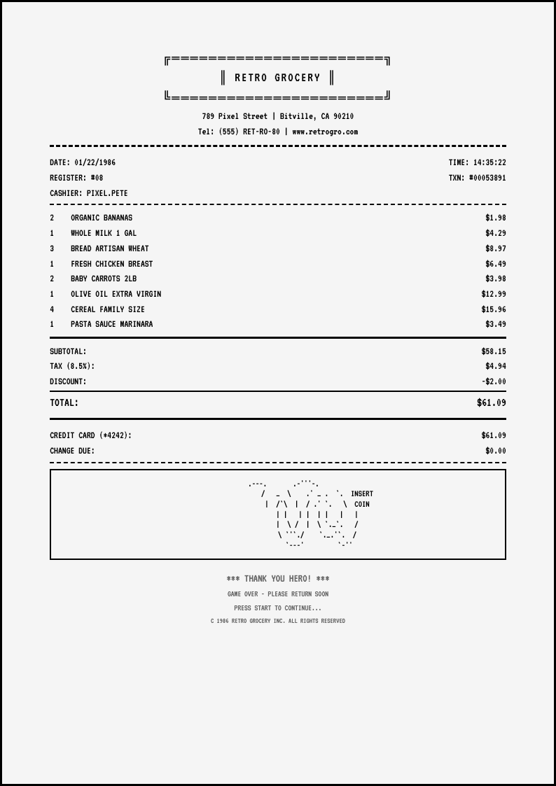 Retro pixel font receipt